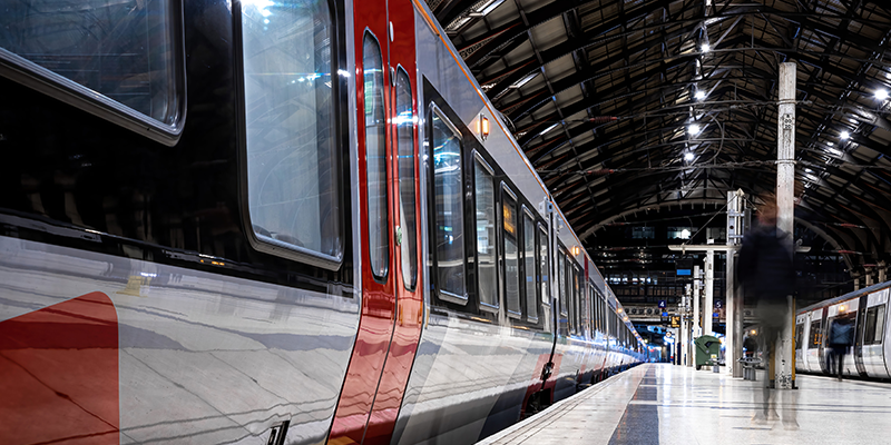 side view of a modern train in a train station