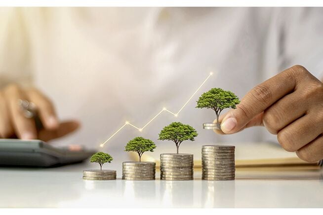 a person stacking coins which have small trees on them